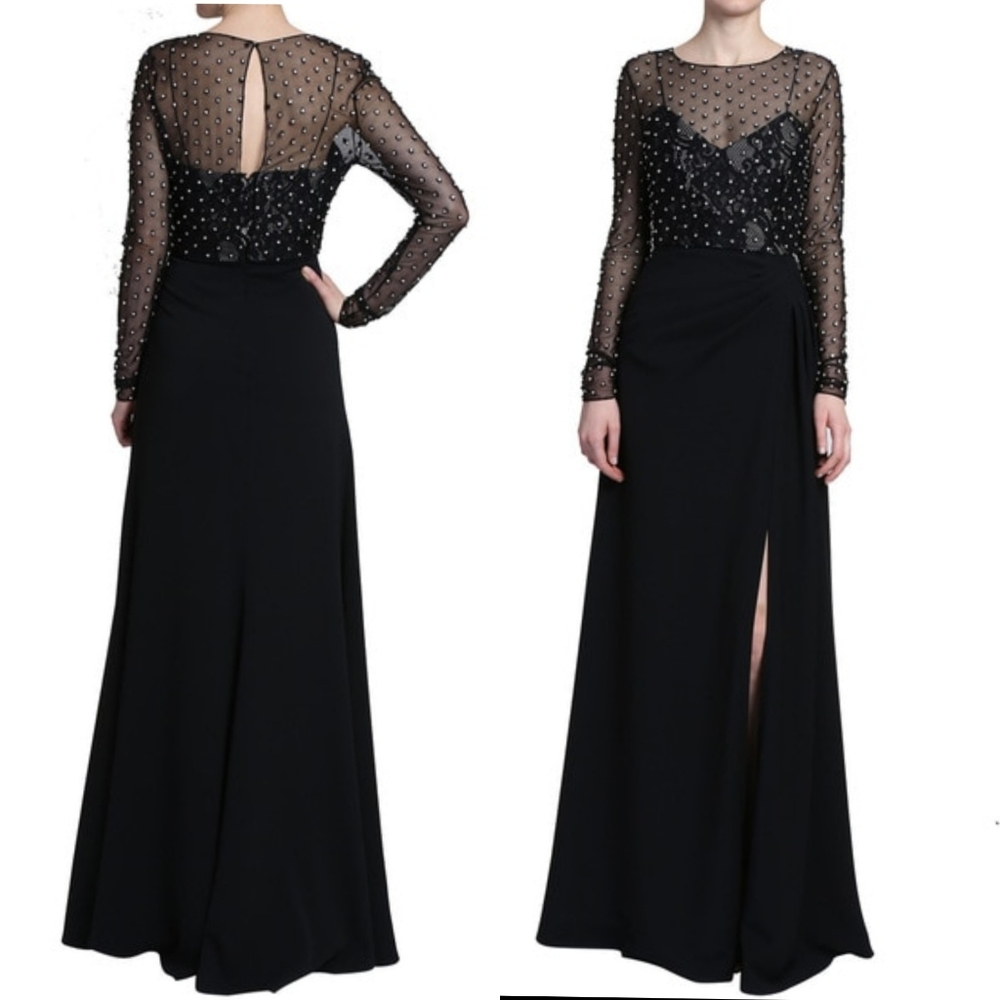 $1,190 NWT BADGLEY MISCHKA Women Black Maxi Long Dress 0 XS Sparkle Ruched Sheer - Picture 2 of 12